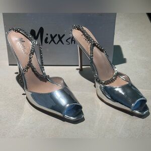 MIXX SHUZ  Silver Peep Toe Heels with Rhinestone Detail Ankle Strap Size 10